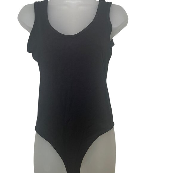 Rachel Roy Black Bodysuit Small | Pima Cotton Blend Thong Back Scoop Neck - Picture 3 of 6